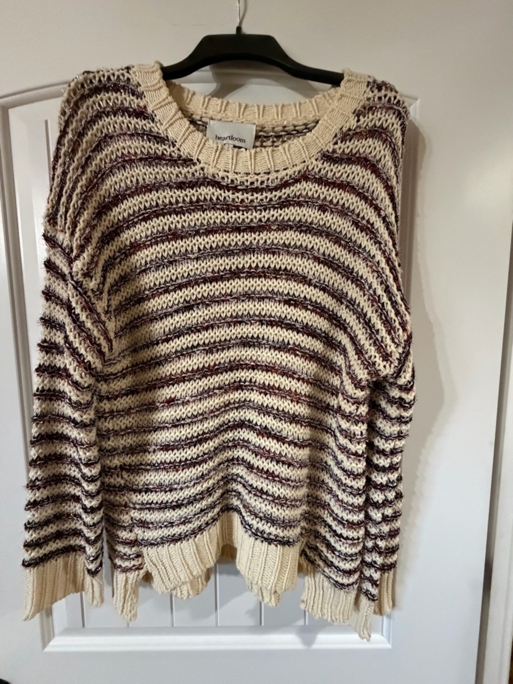 Heartloom Cream and Burgundy Striped Scoop Crewneck Sweater